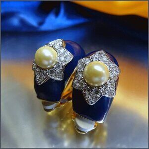 Designer Signed Elegant Navy Hoops w Crystals Cultured Pearl Vintage Earrings